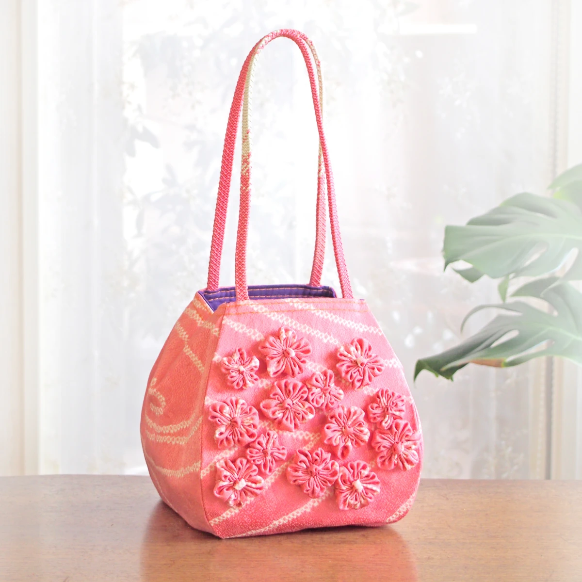 実例205 絞り着物花 バルーンバッグ