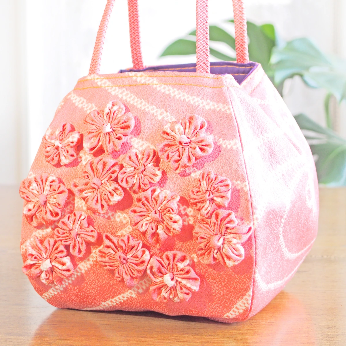 実例205 絞り着物花 バルーンバッグ