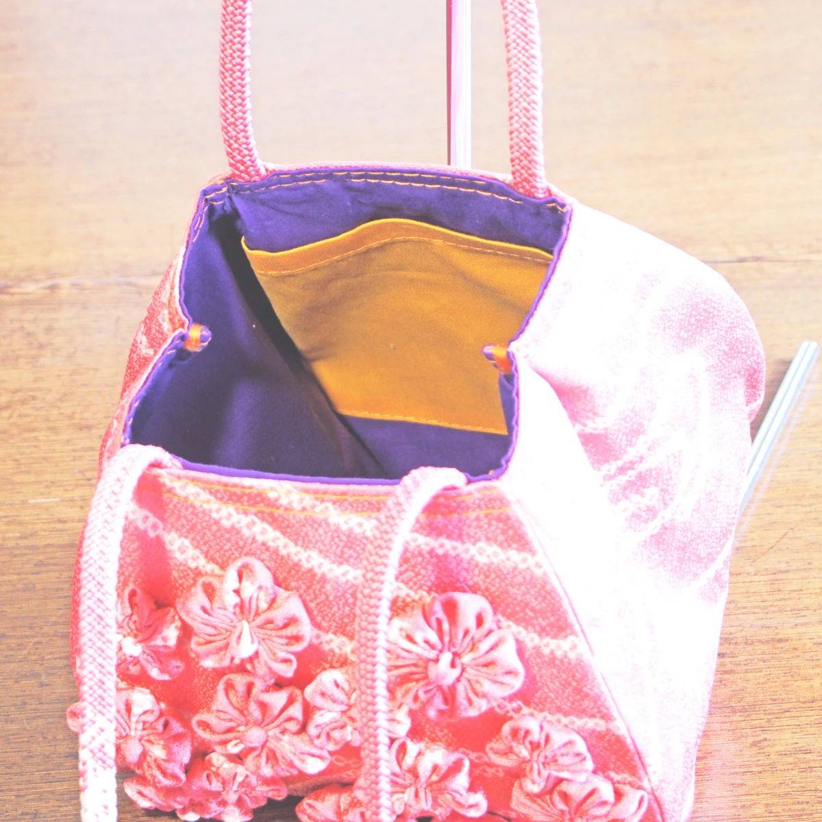 実例205 絞り着物花 バルーンバッグ